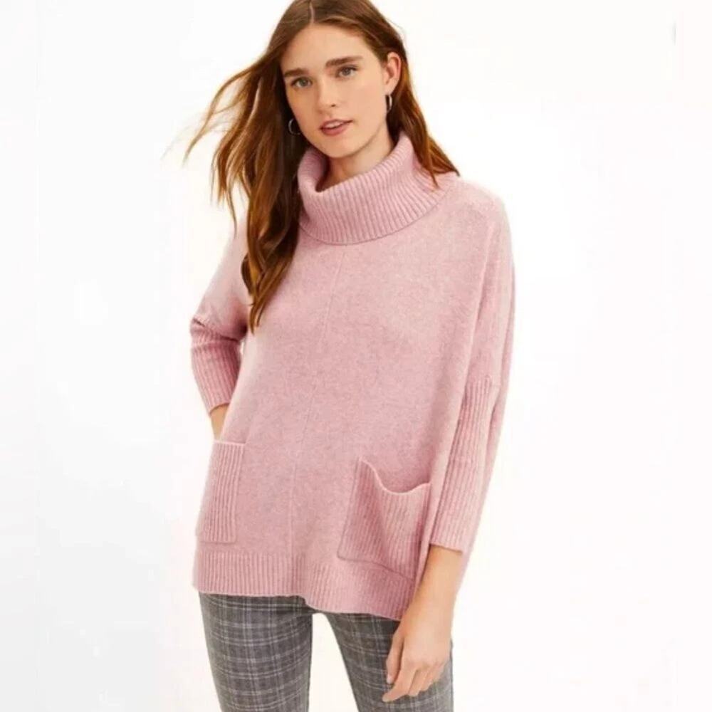 Ann Taylor LOFT Turtleneck Sweater XL Pink Pockets Pullover Cotton Blend